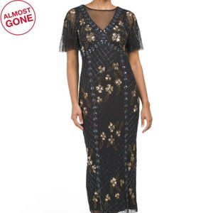 ADRIANNA PAPELL Flutter Sleeve Column Dress With Illusion/Sequin Detail Size 18W